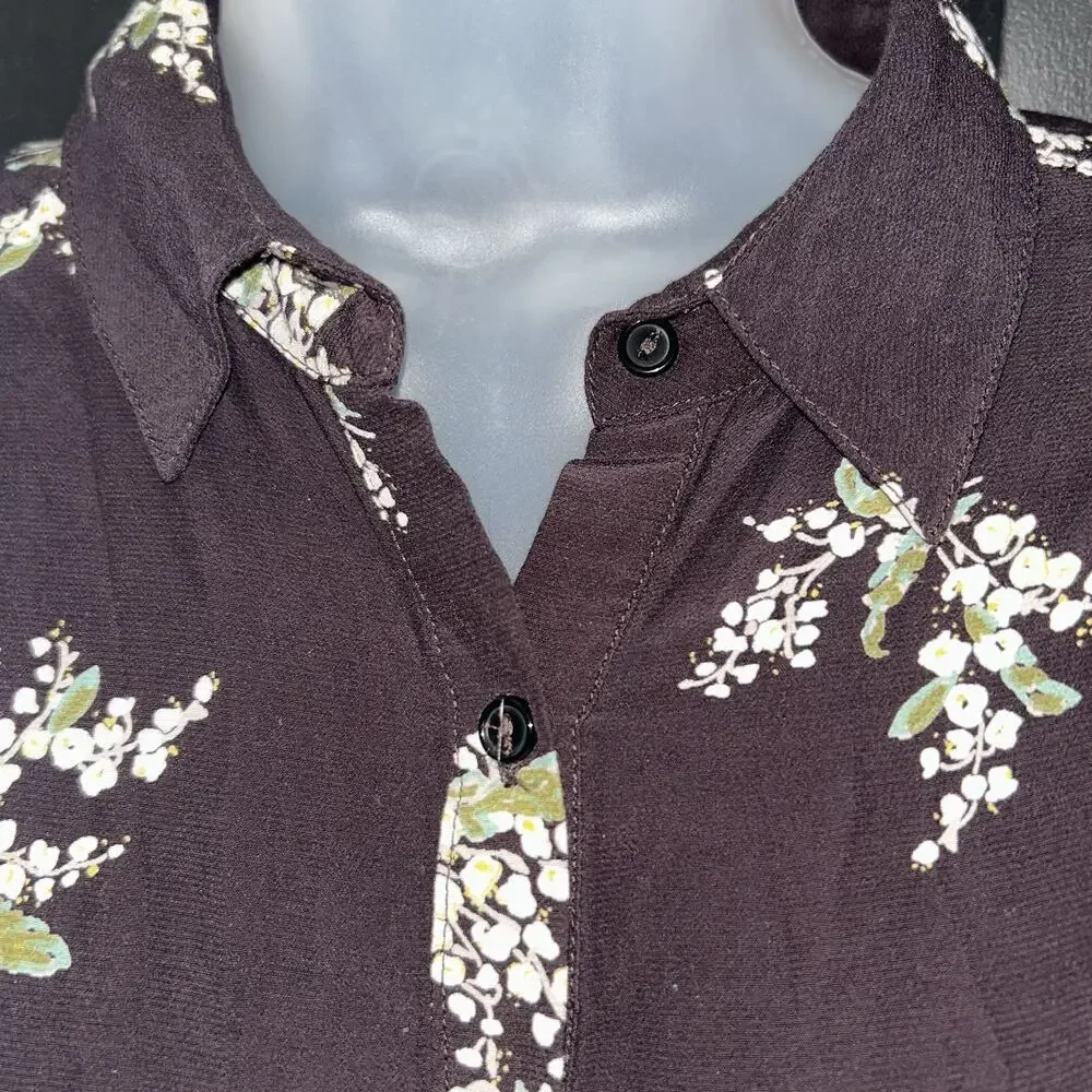 Free People Lovely Mini Dress Size XS Plum Brown Floral Button Down Collar Boho - Picture 8 of 9